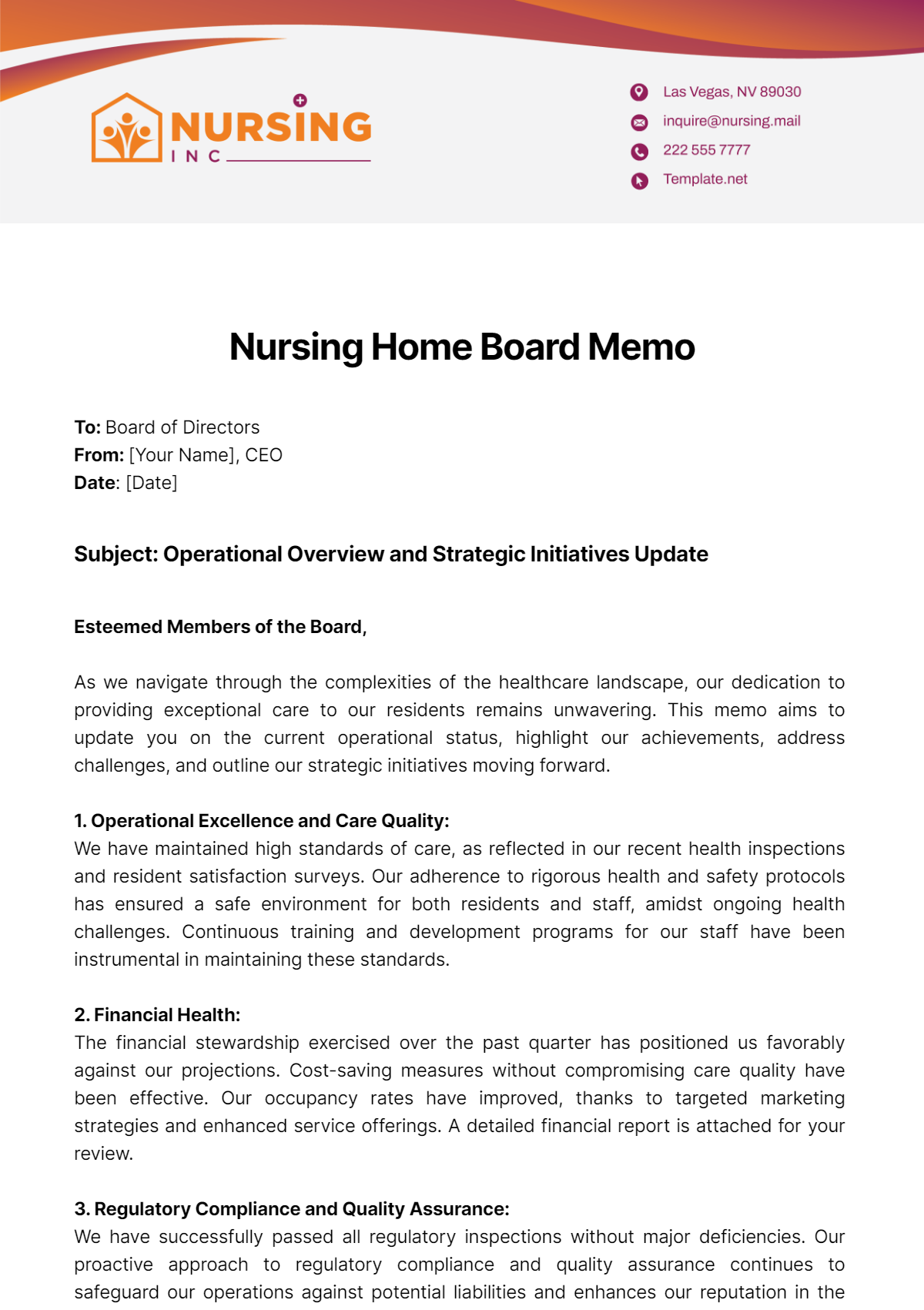 Nursing Home Board Memo Template