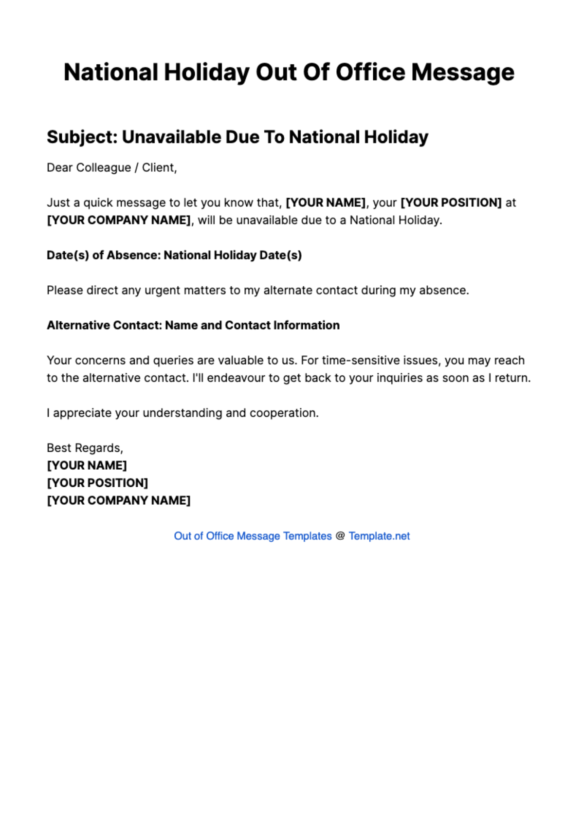 Free National Holiday Out Of Office Message Template