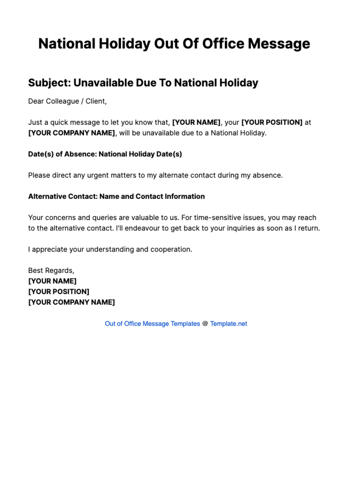 National Holiday Out Of Office Message Template - Edit Online & Download