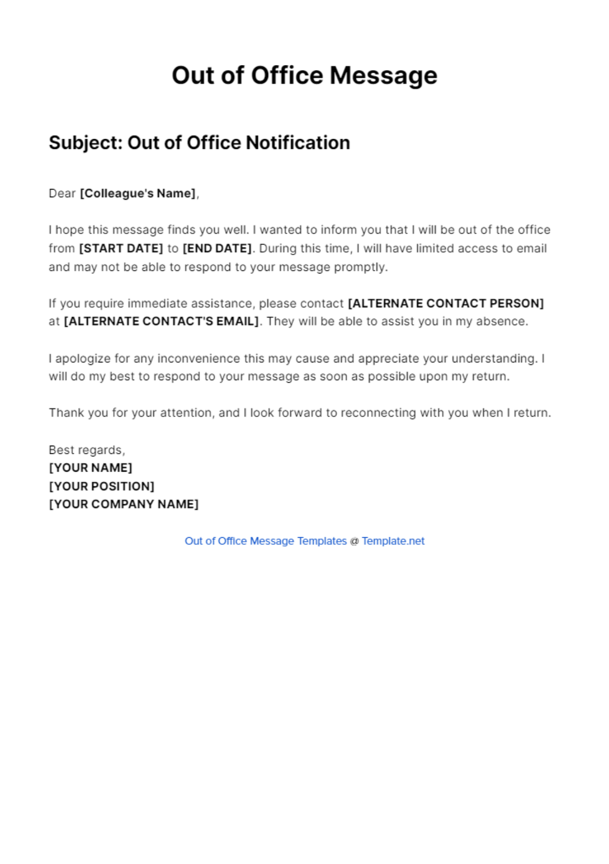 Free Temporarily Out Of Office Message Template