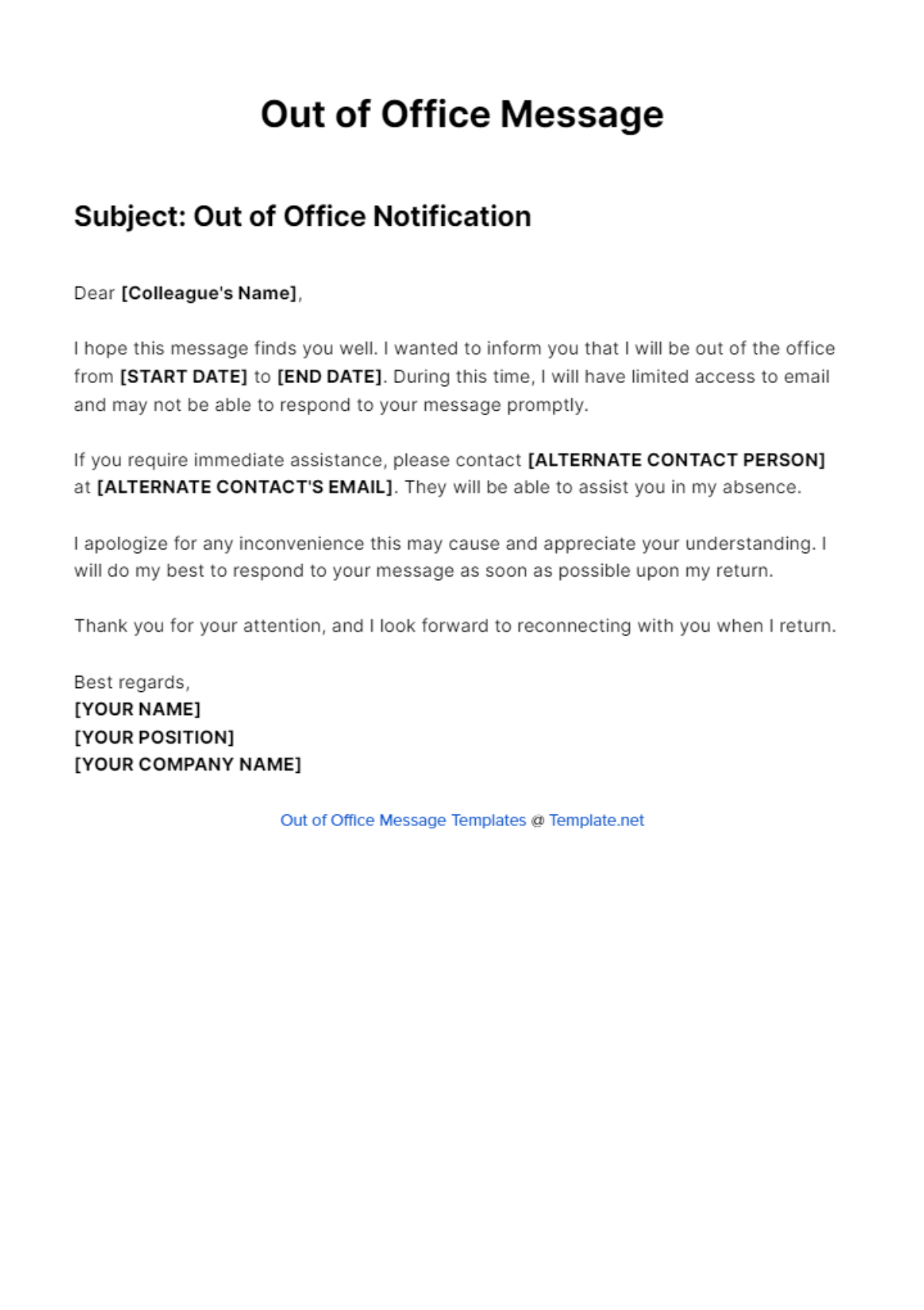 Temporarily Out Of Office Message Template - Edit Online & Download