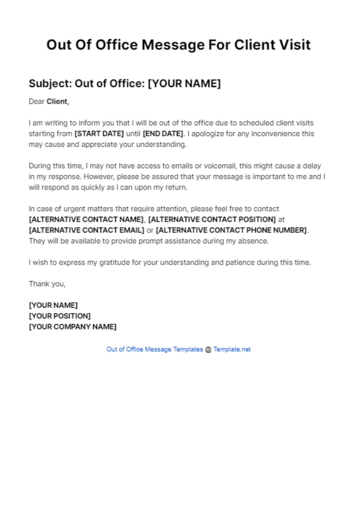 Out Of Office Message For Client Visit Template