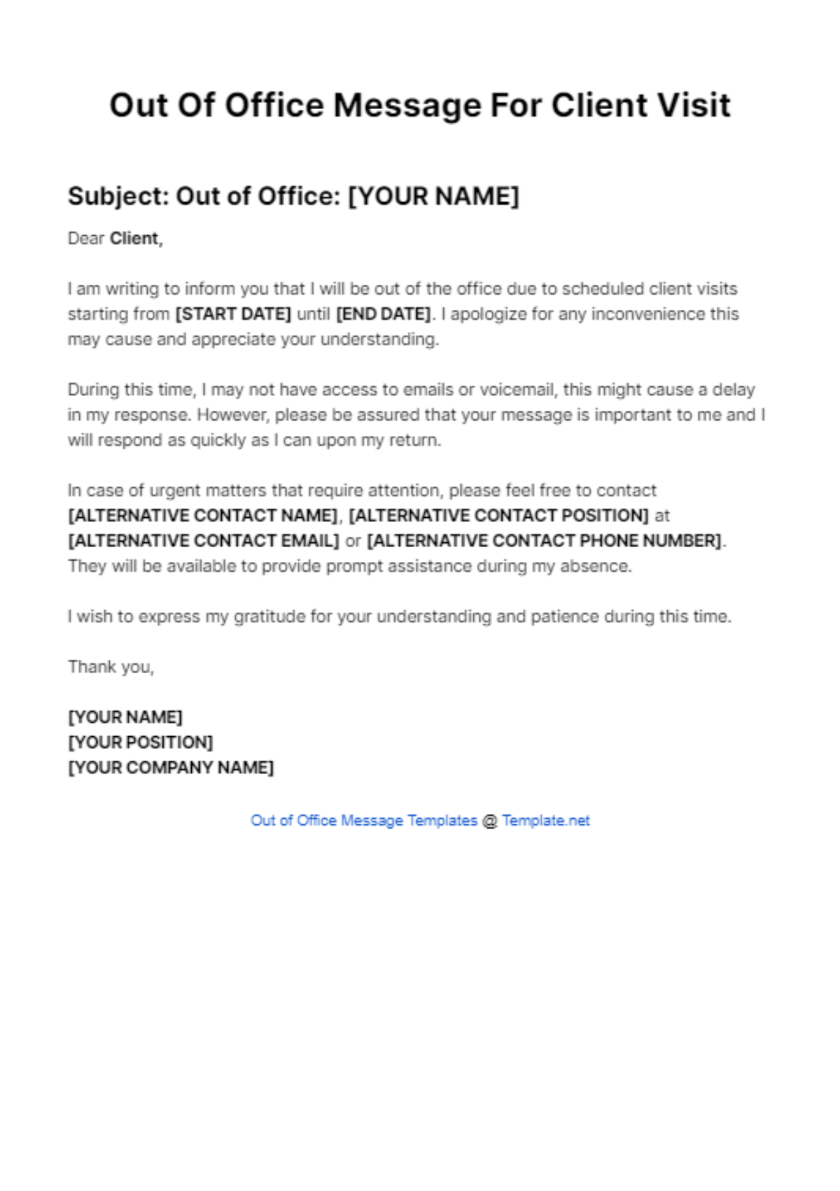 Out Of Office Message For Client Visit Template - Edit Online & Download