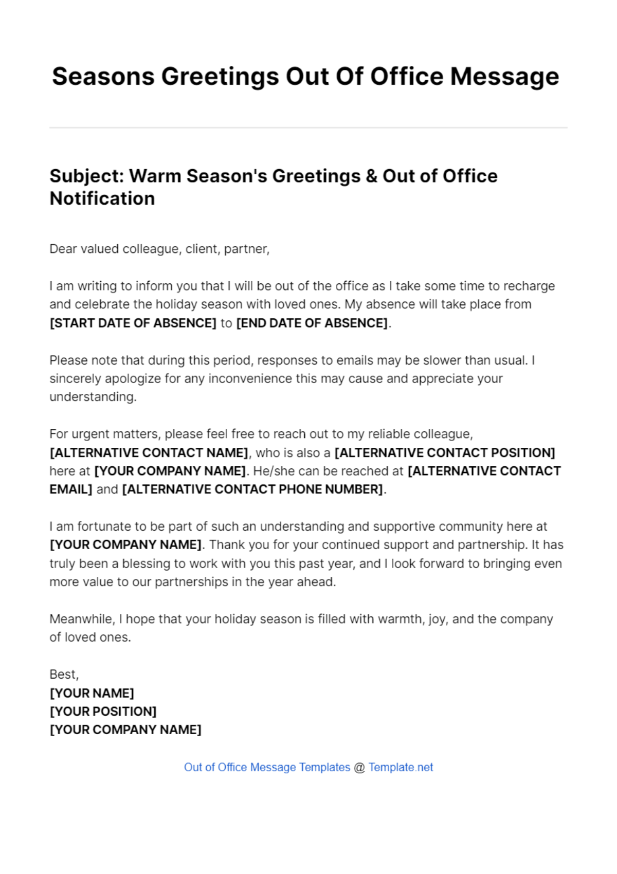 Seasons Greetings Out Of Office Message Template