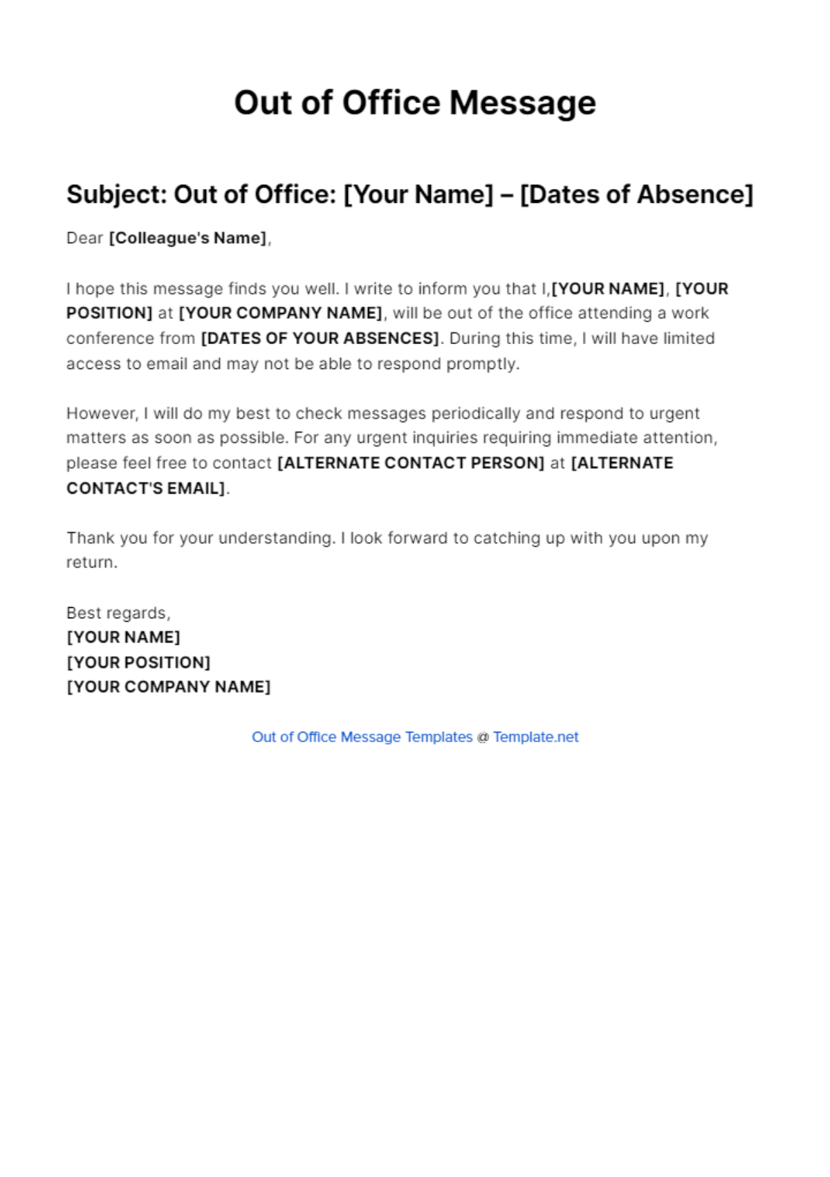Work Conference Out Of Office Message Template