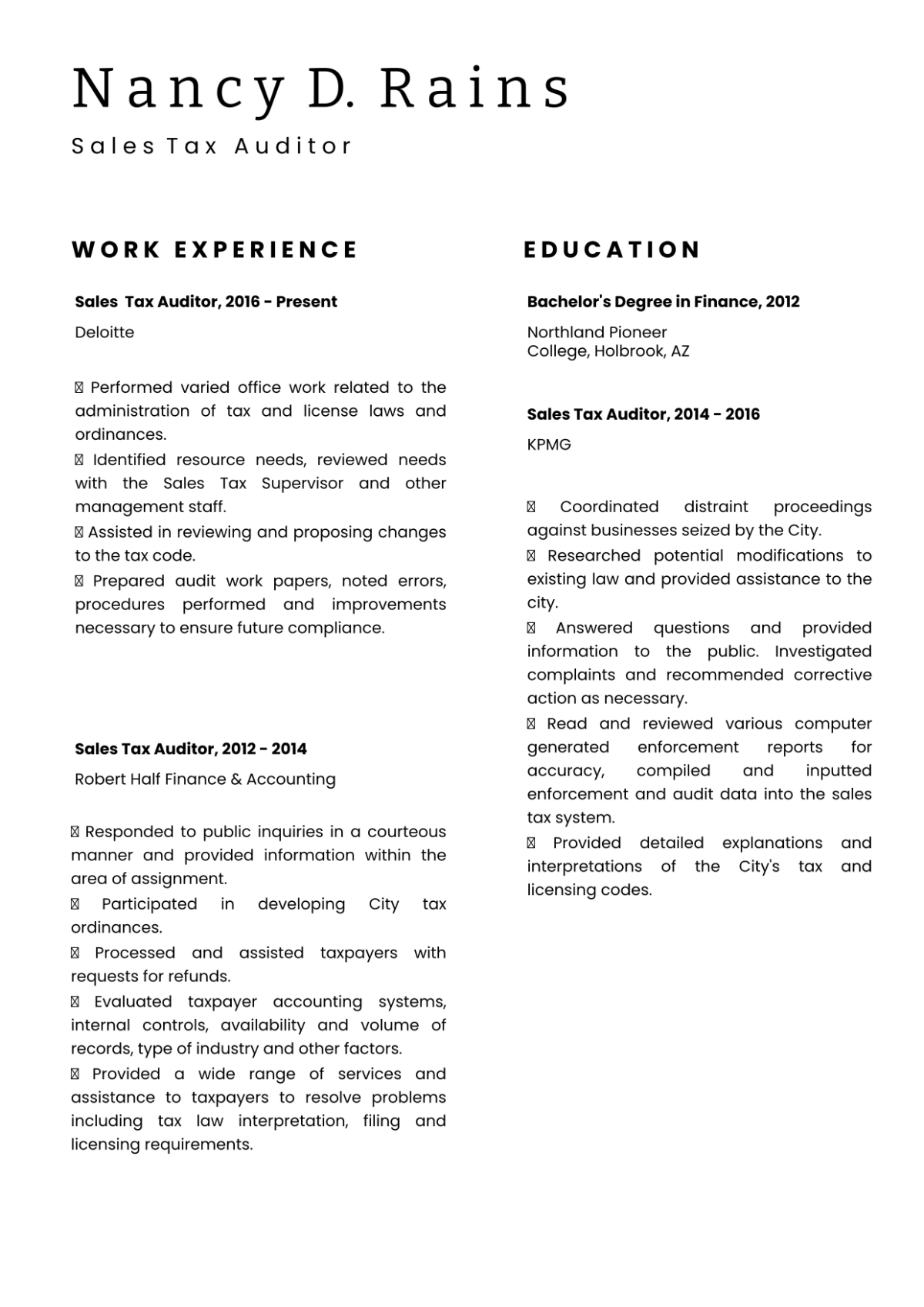 Free Sales Tax Auditor Resume Template to Edit Online