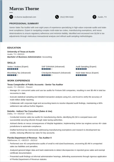 Free Sales Tax Auditor ATS Resume Template, AI Resume Builder