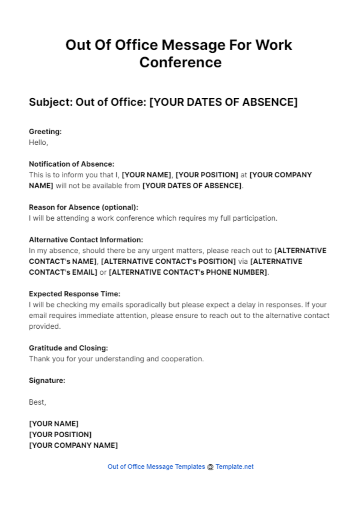 Out Of Office Message For Work Conference Template