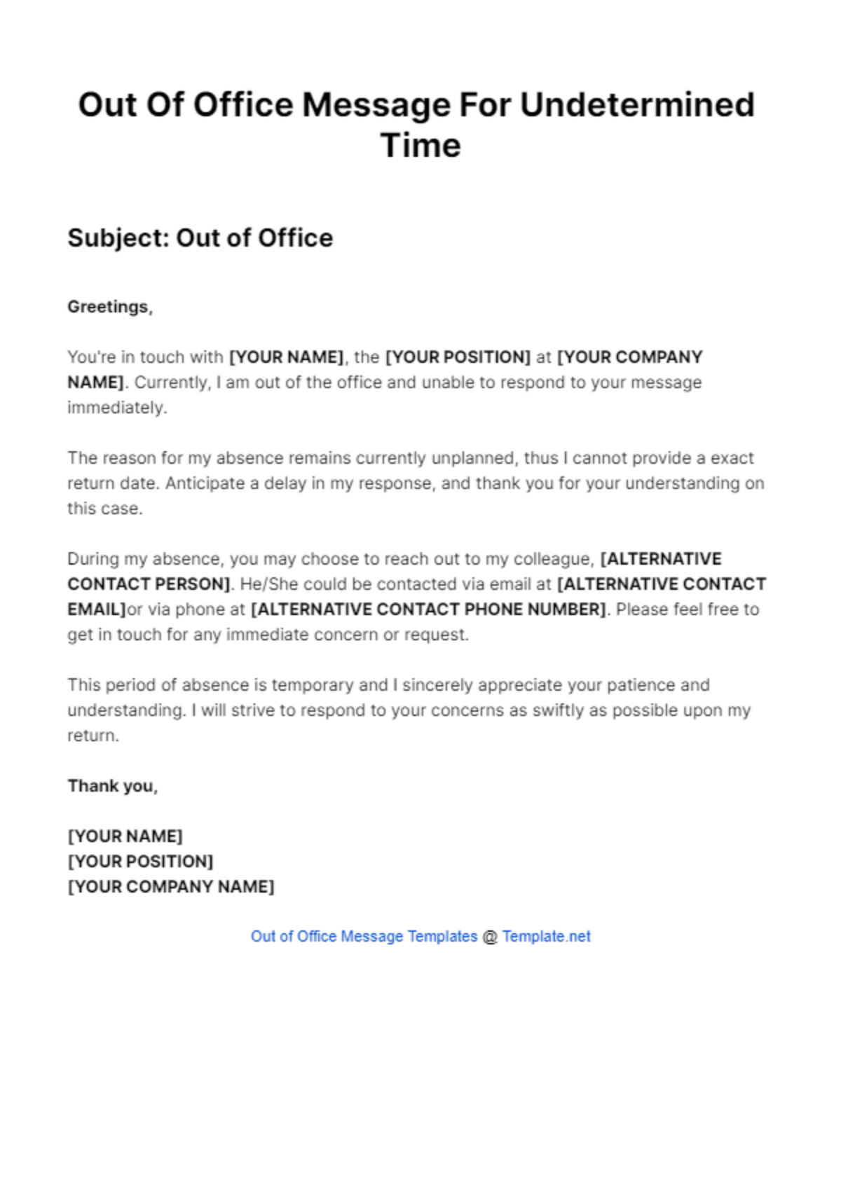 Out Of Office Message For Undetermined Time Template