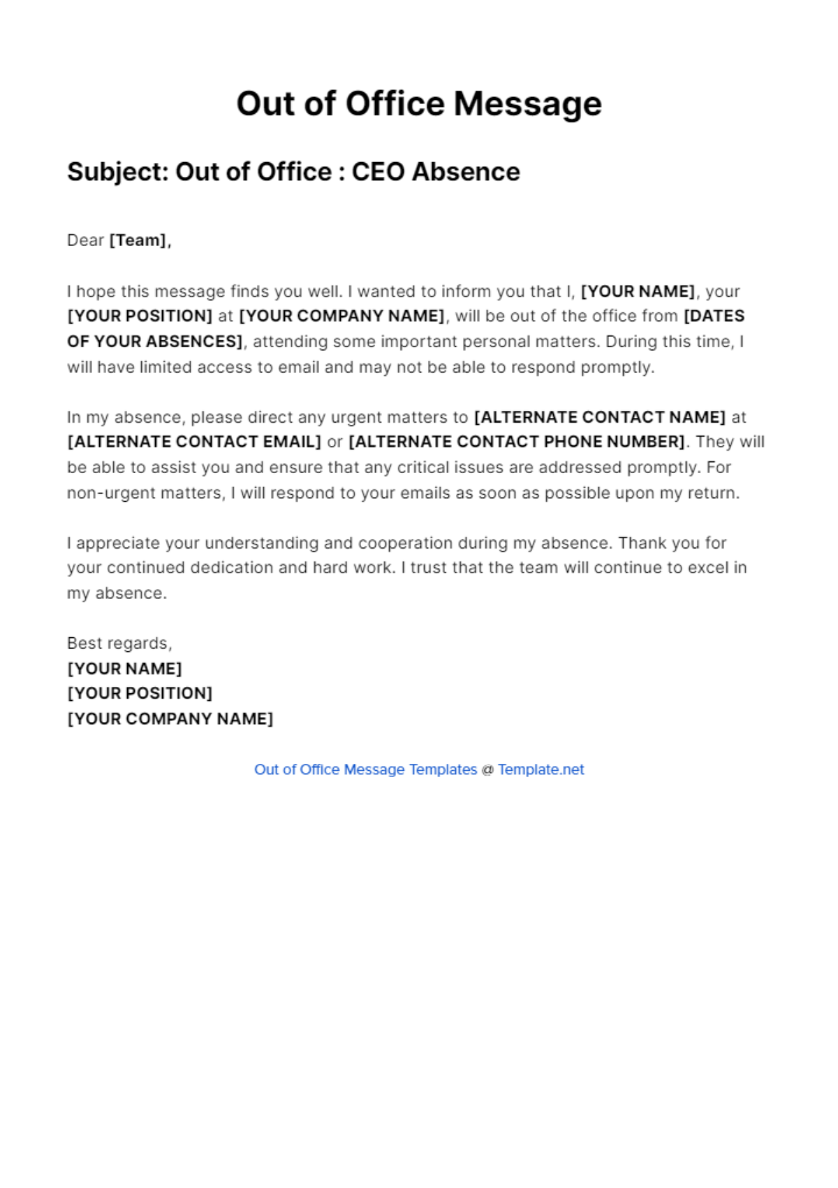 Free Ceo Out Of Office Message Template