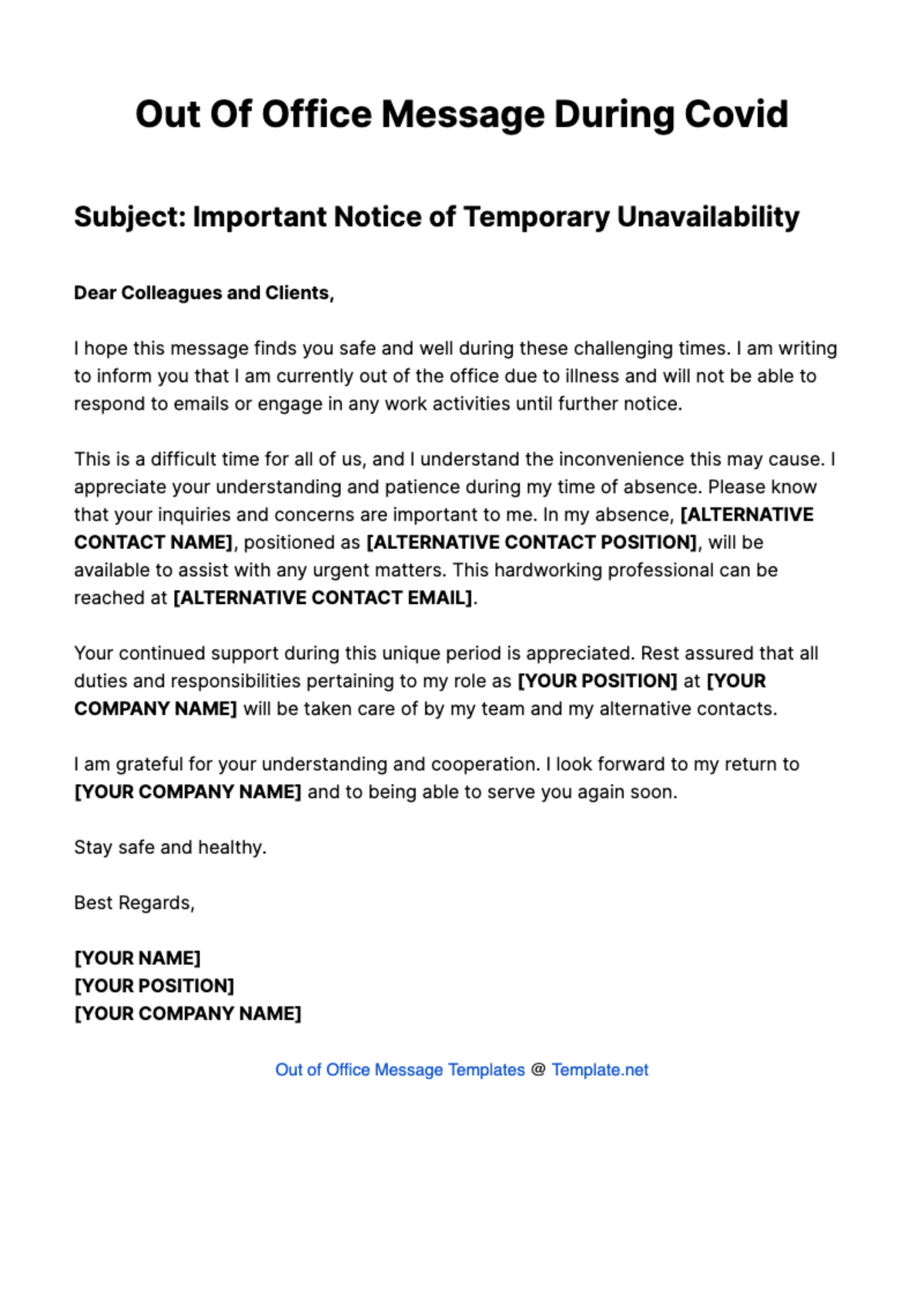 Free Out Of Office Message During Covid Template