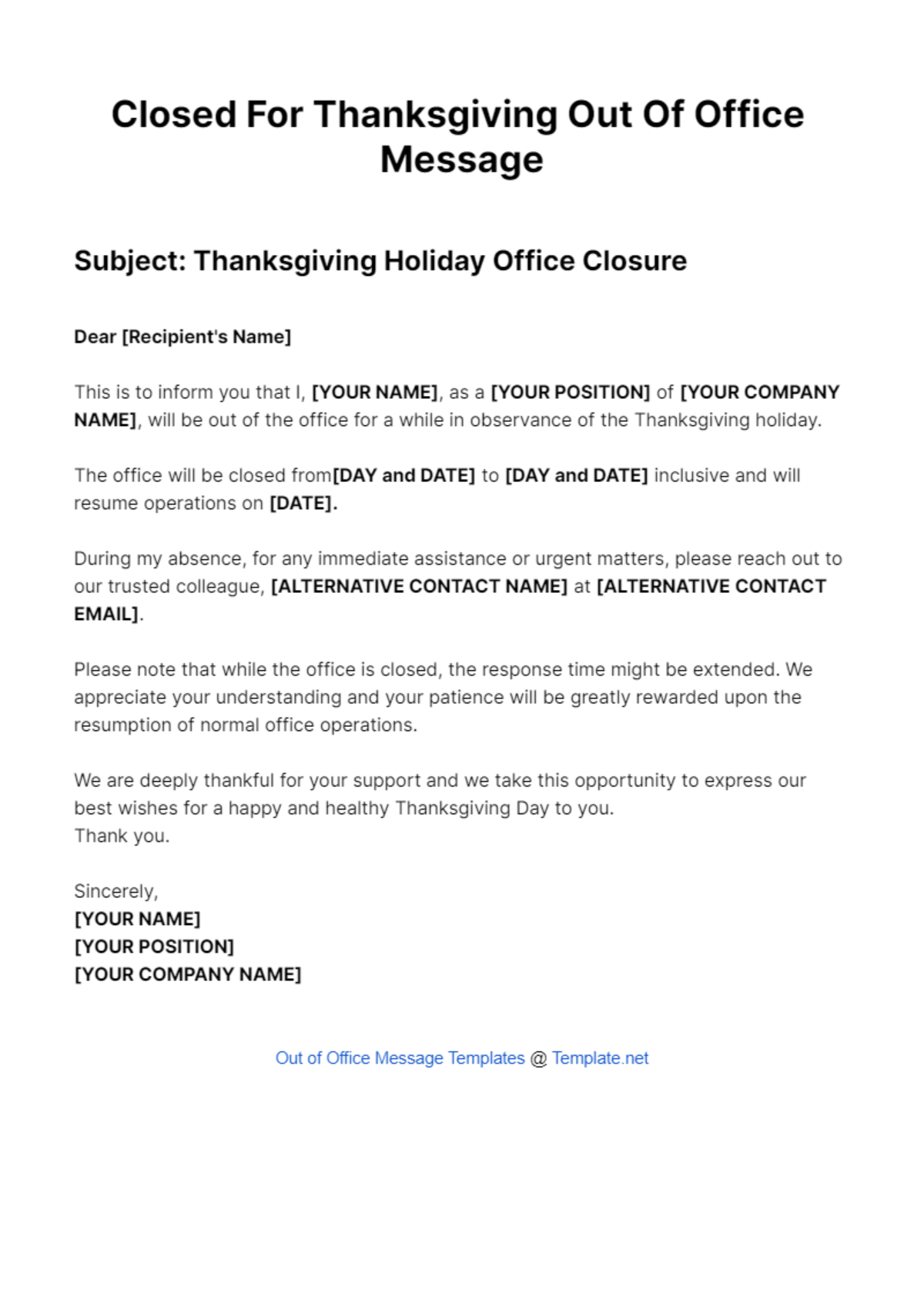 Free Closed For Thanksgiving Out Of Office Message Template