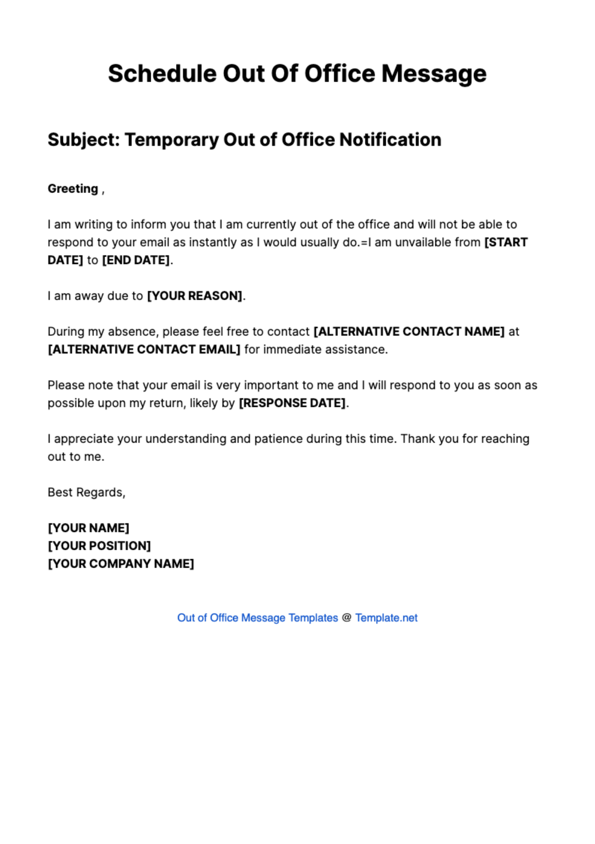 Free Schedule Out Of Office Message Template