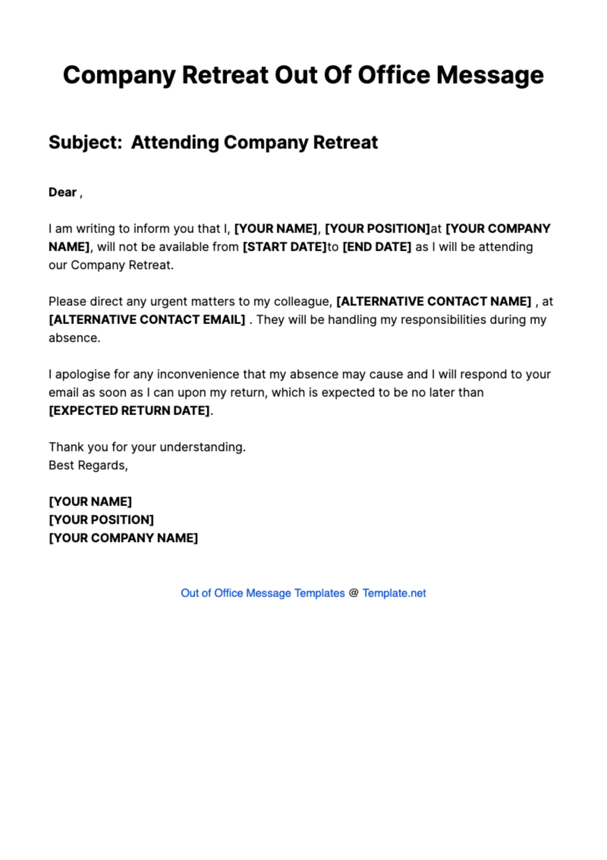 Free Company Retreat Out Of Office Message Template