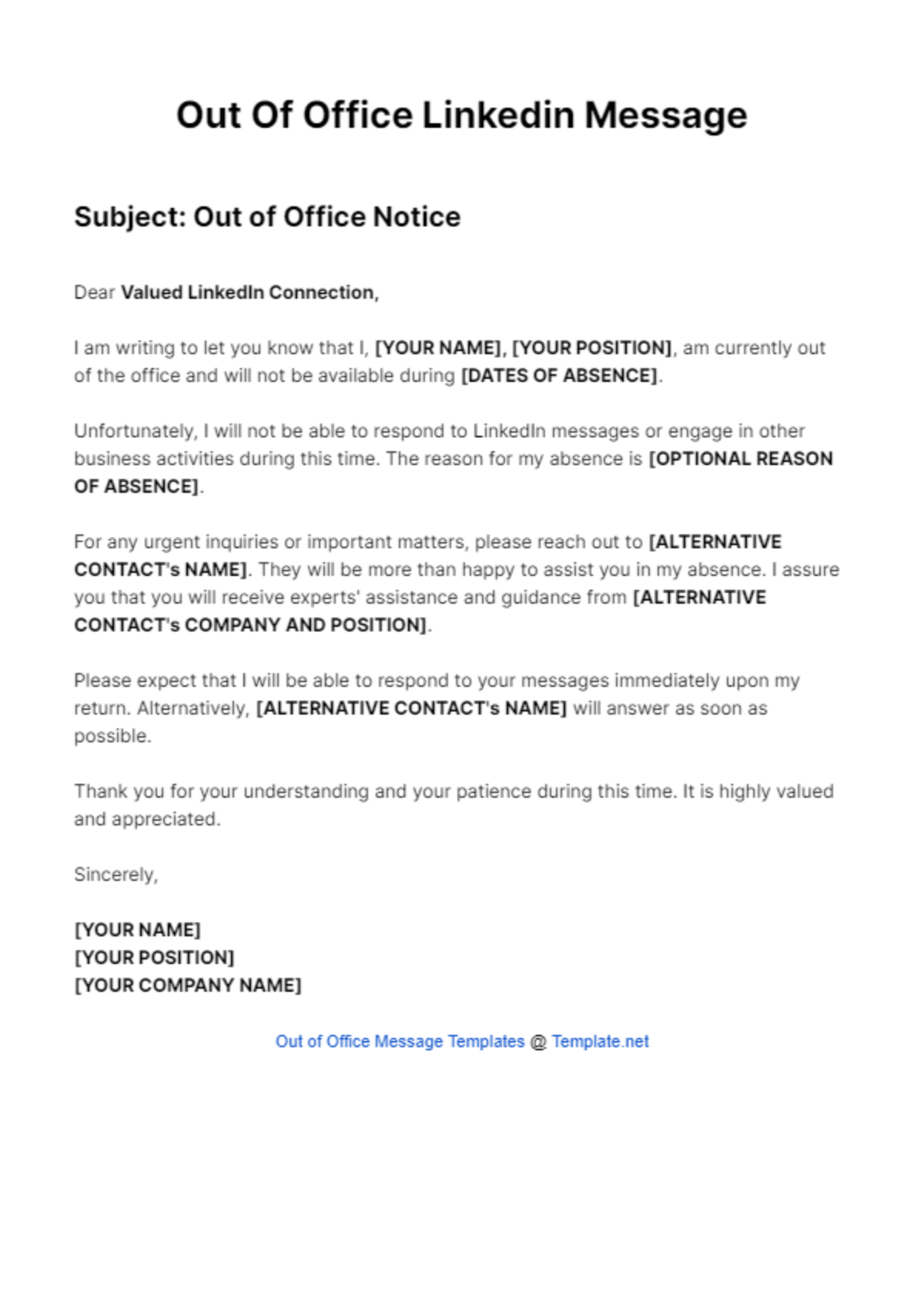 Out Of Office Linkedin Message Template