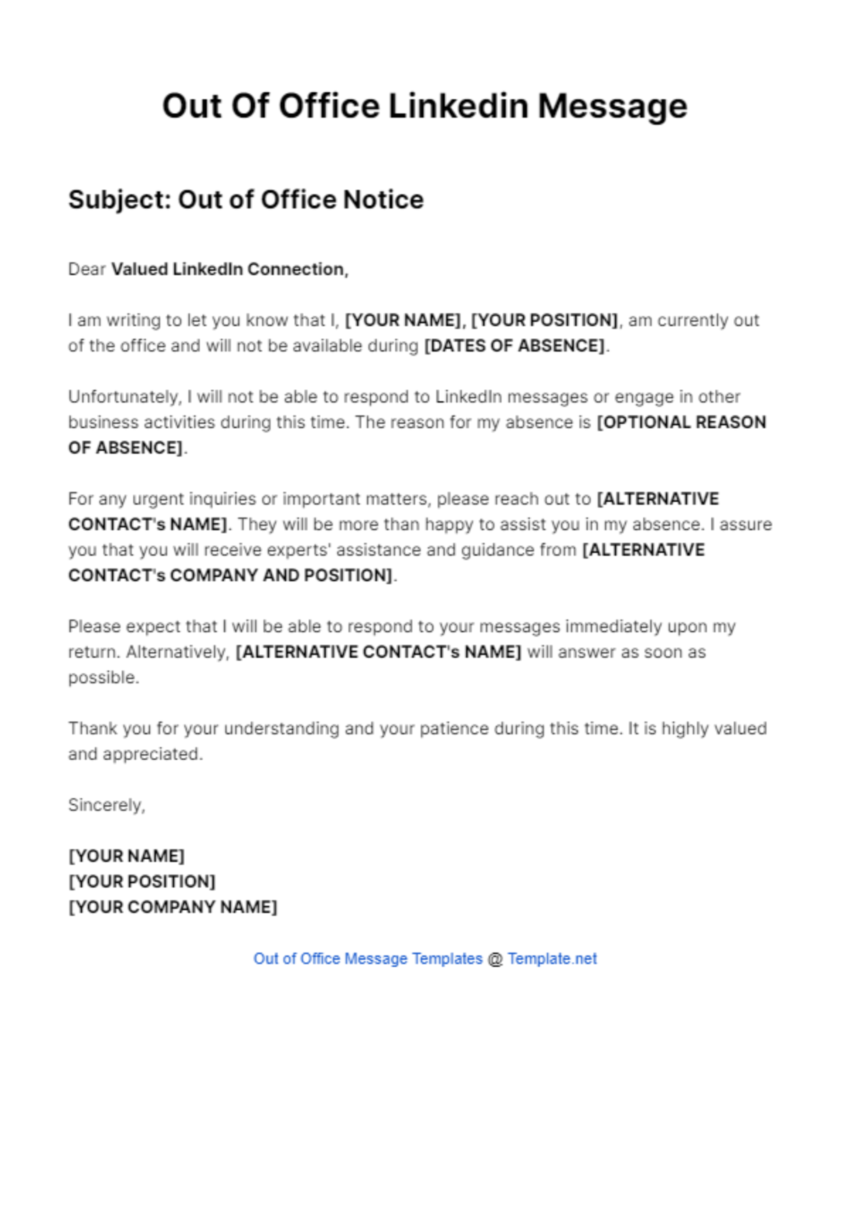 Out Of Office Linkedin Message Template - Edit Online & Download