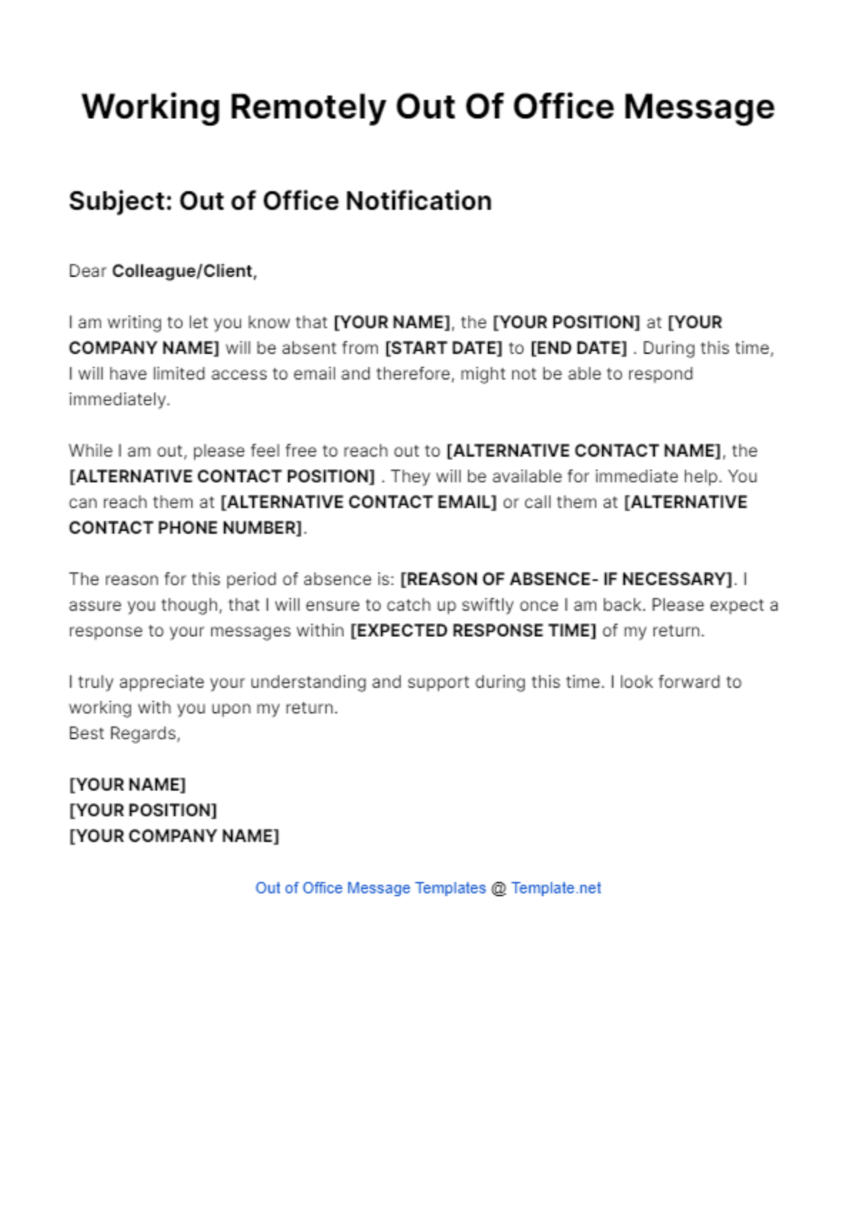 Working Remotely Out Of Office Message Template