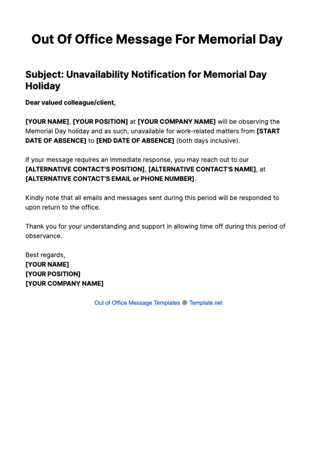 Free Out Of Office Message For Memorial Day Template