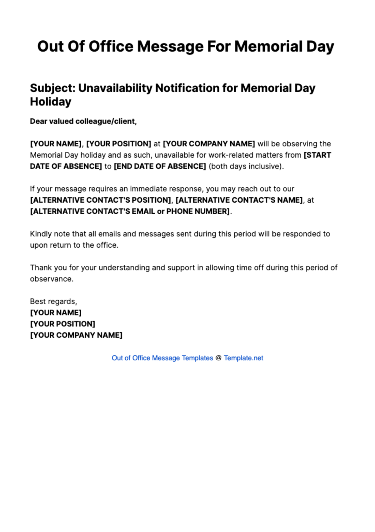 Out Of Office Message For Memorial Day Template - Edit Online & Download