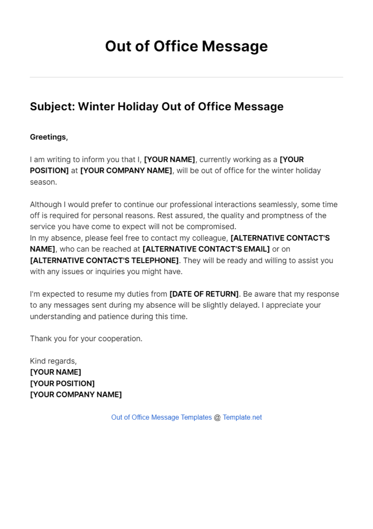 Free Out Of Office Message Winter Holiday Template