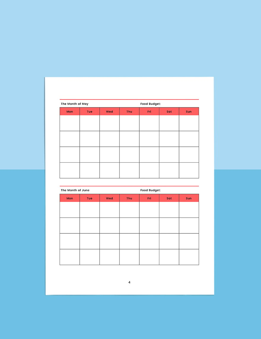 Monthly menu planner Example