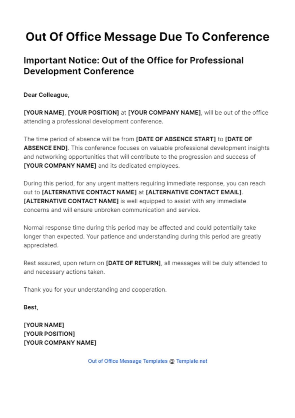 Free Out Of Office Message Due To Conference Template