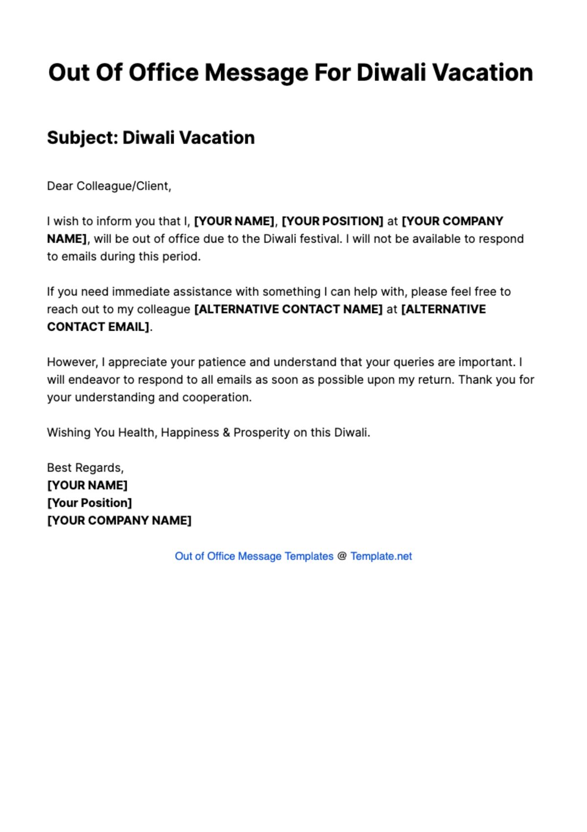 Free Out Of Office Message For Diwali Vacation Template