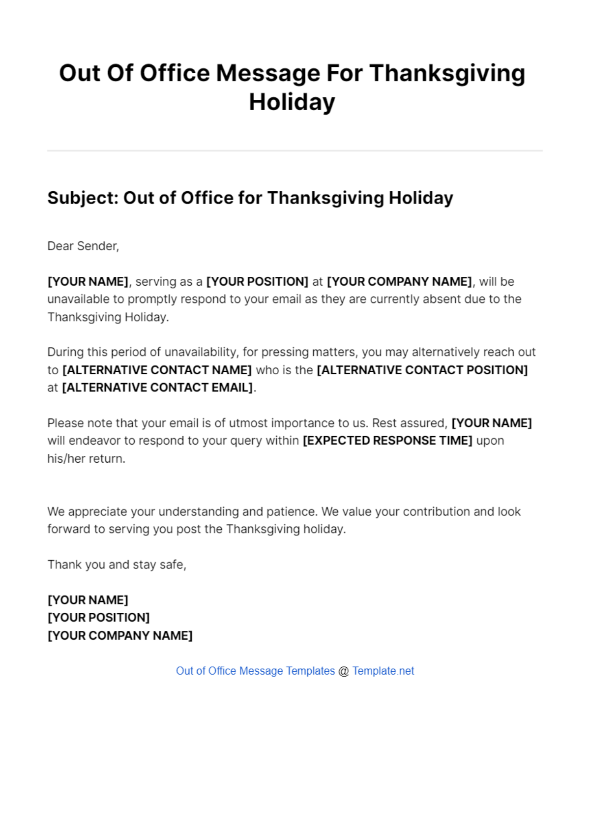 Free Out Of Office Message For Thanksgiving Holiday Template