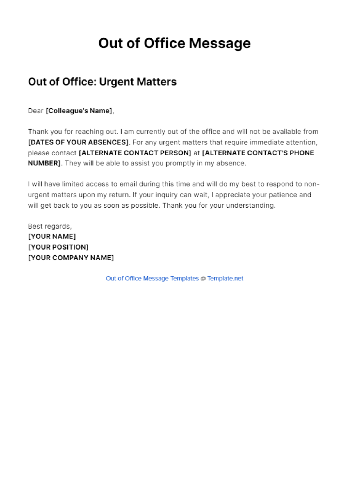 Free Out Of Office Message For Any Urgent Matters Template
