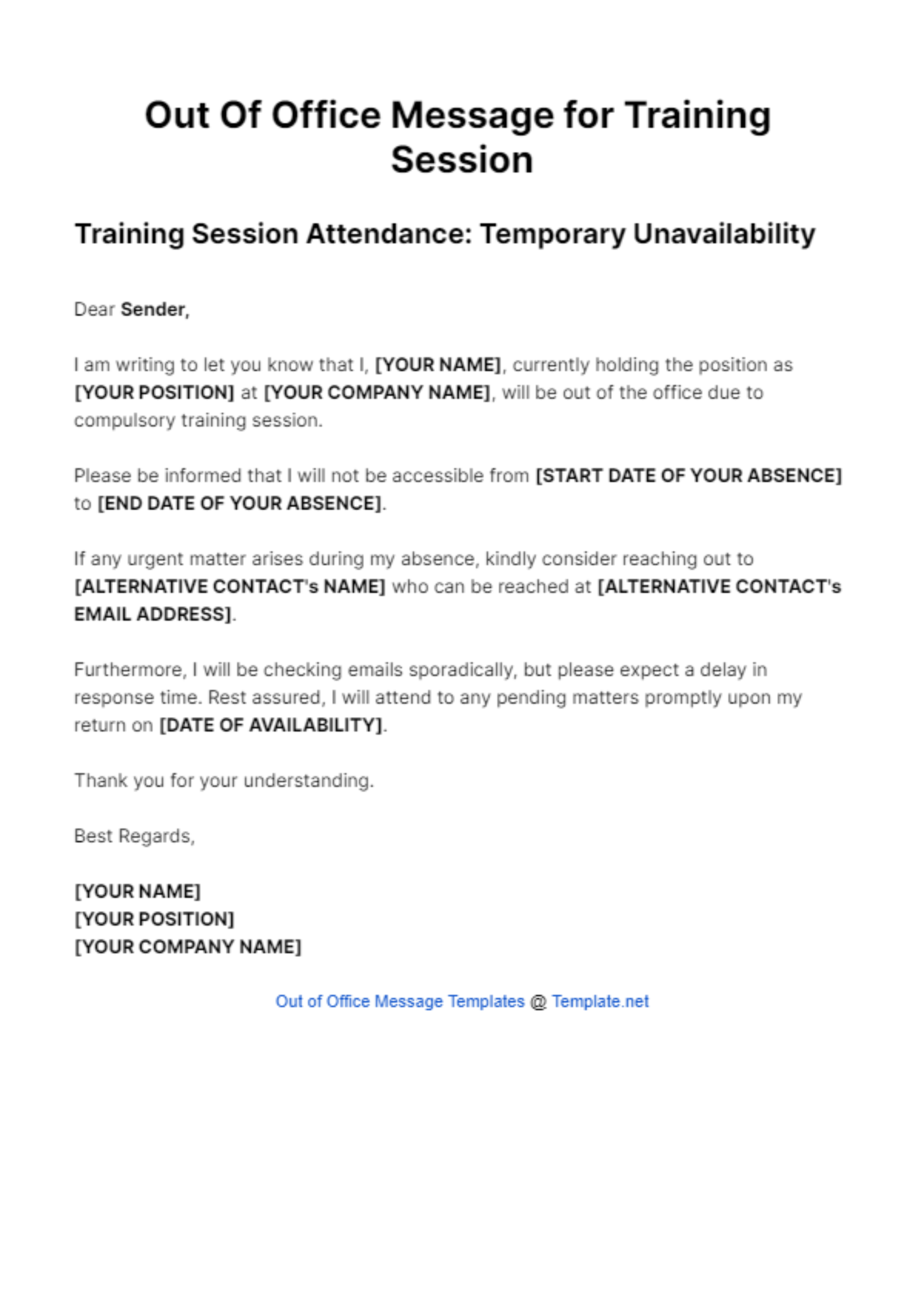 Out Of Office Message for Training Session Template