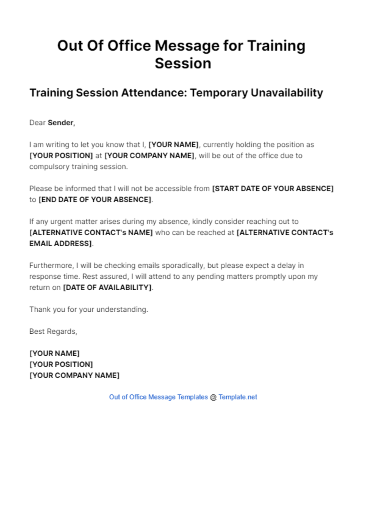 Out Of Office Message for Training Session Template - Edit Online & Download