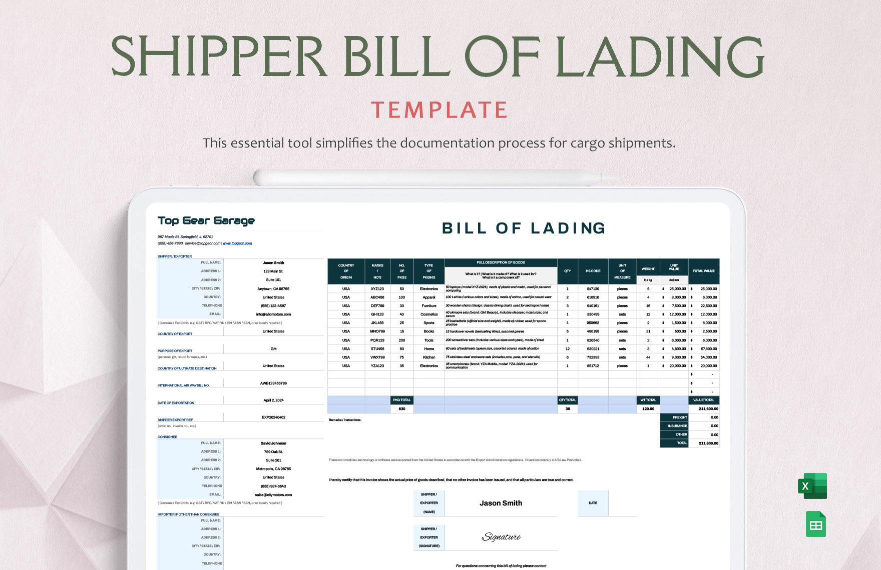 Shipper Bill of Lading Template in Excel, Google Sheets