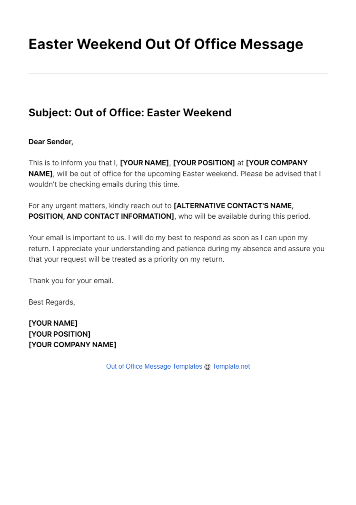 Easter Weekend Out Of Office Message Template