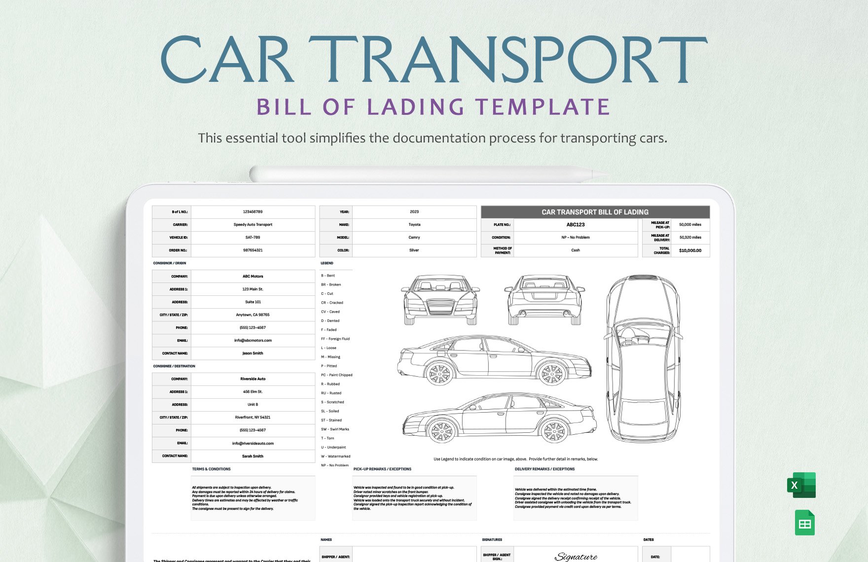Car Transport Bill of Lading Template in Excel, Google Sheets