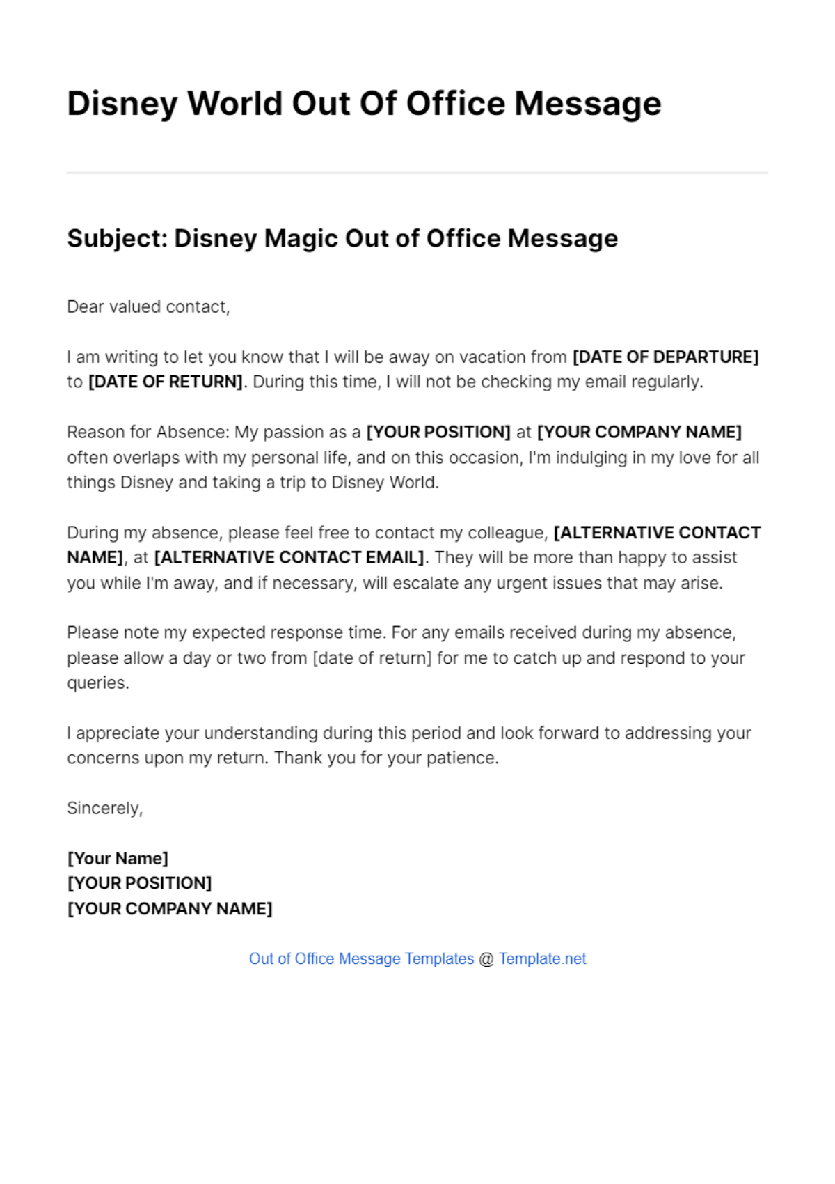 Disney World Out Of Office Message Template