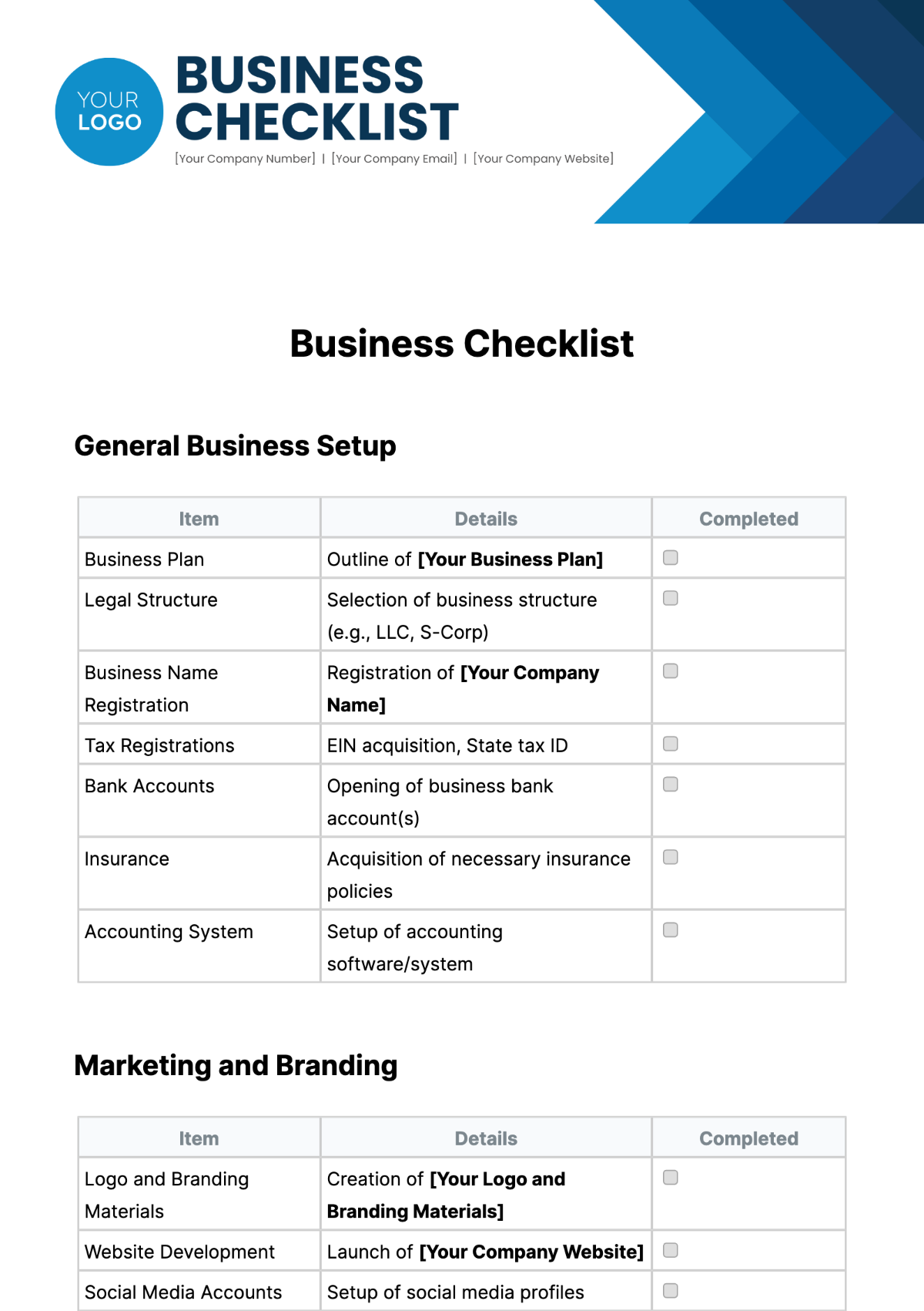 Business Checklist Template