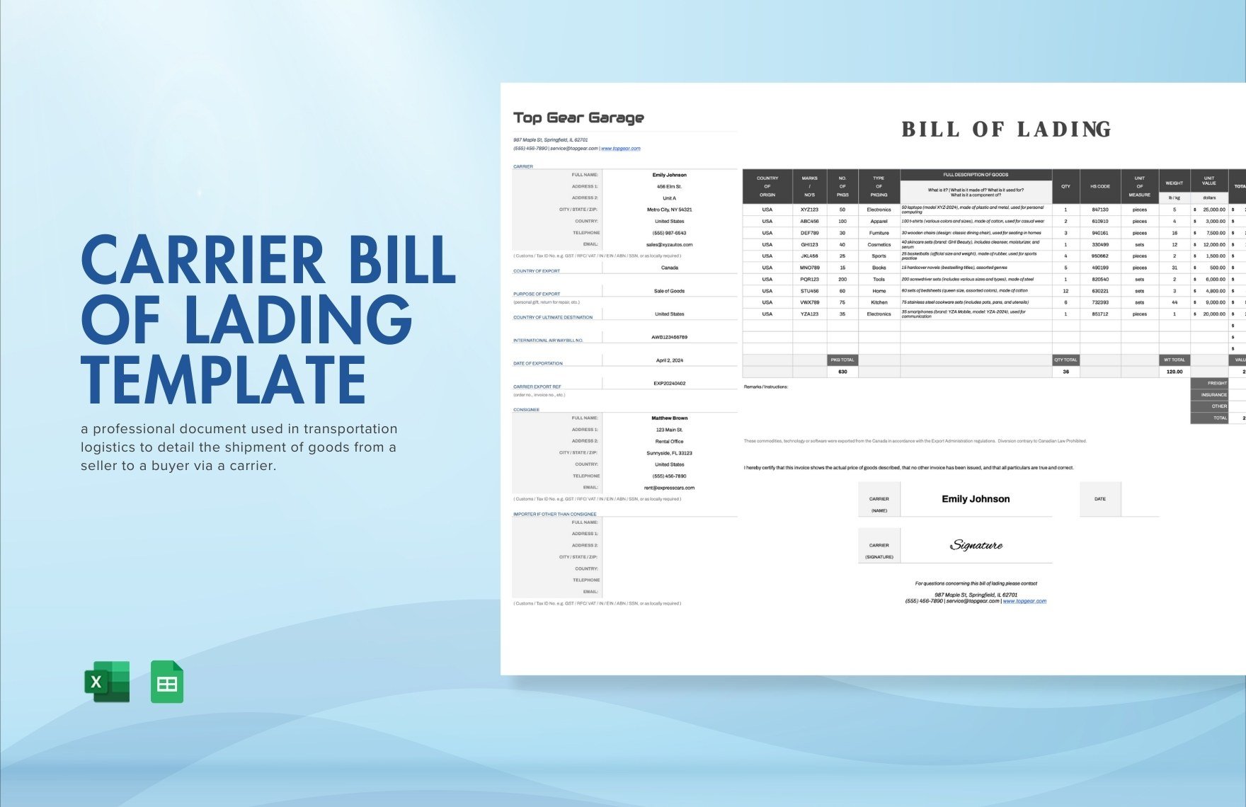 Carrier Bill of Lading Template in Excel, Google Sheets