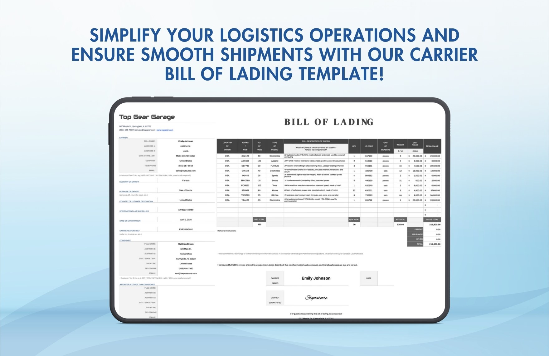 Carrier Bill of Lading Template