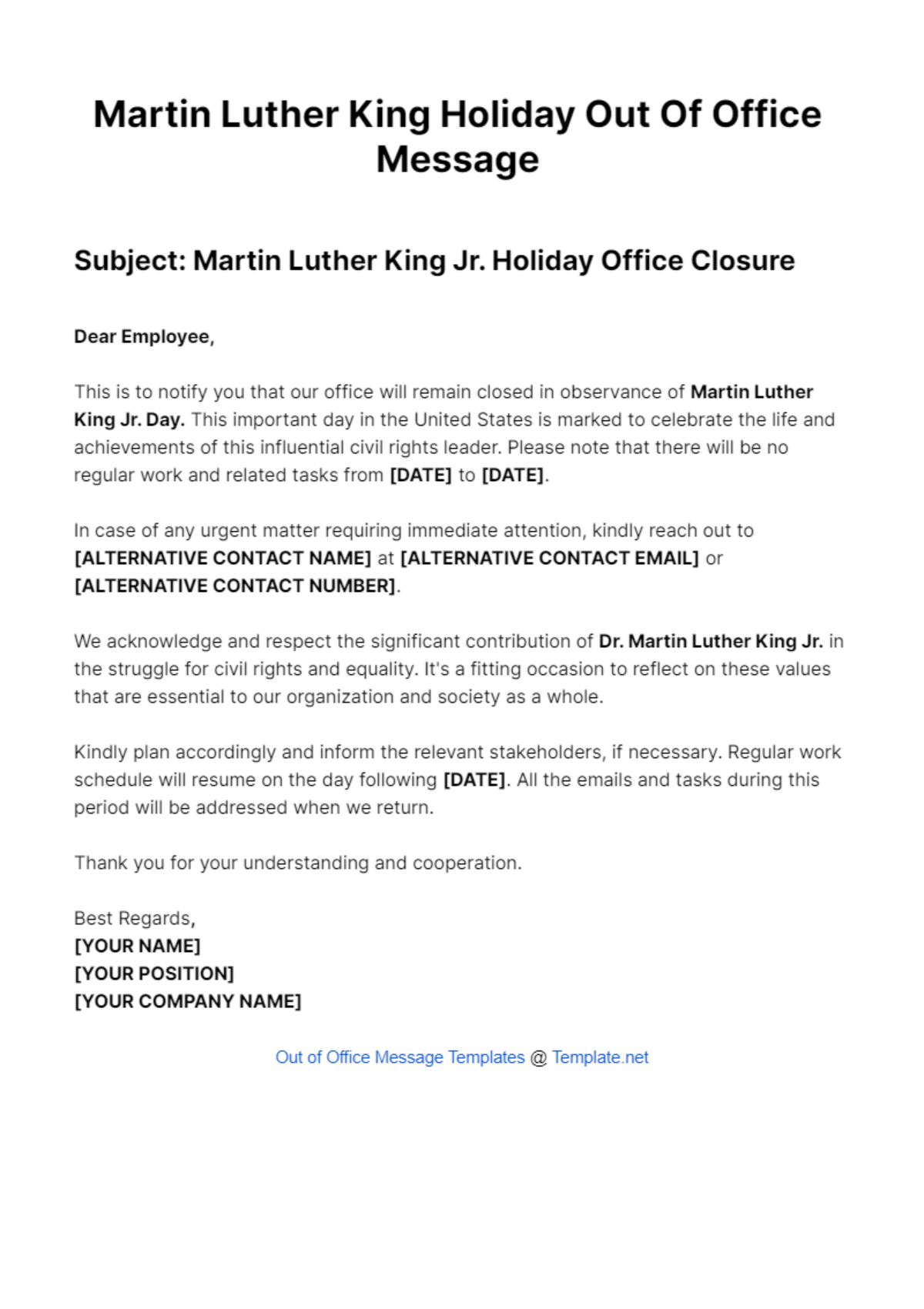 Martin Luther King Holiday Out Of Office Message Template