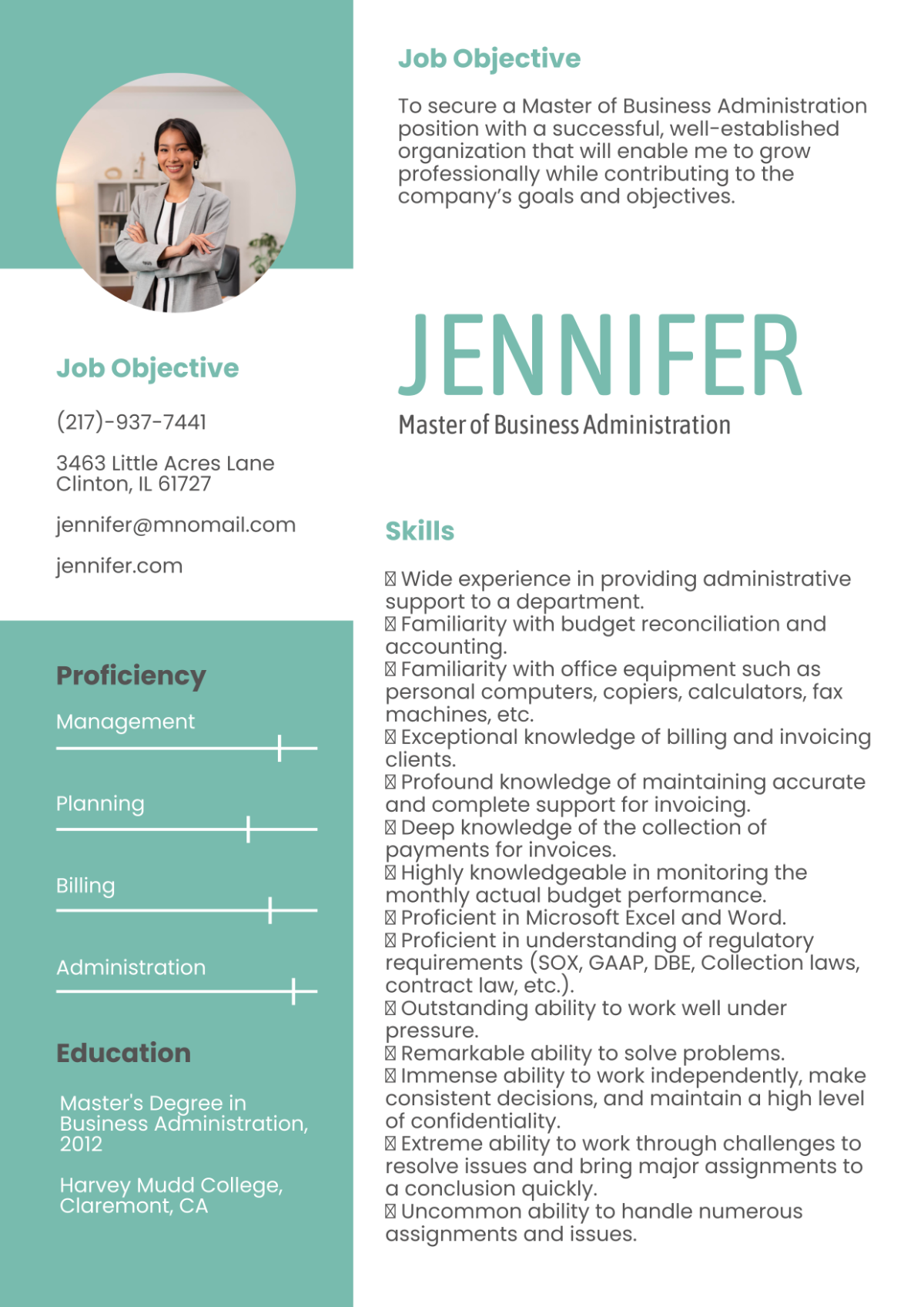 Free Master of Business Administration Resume