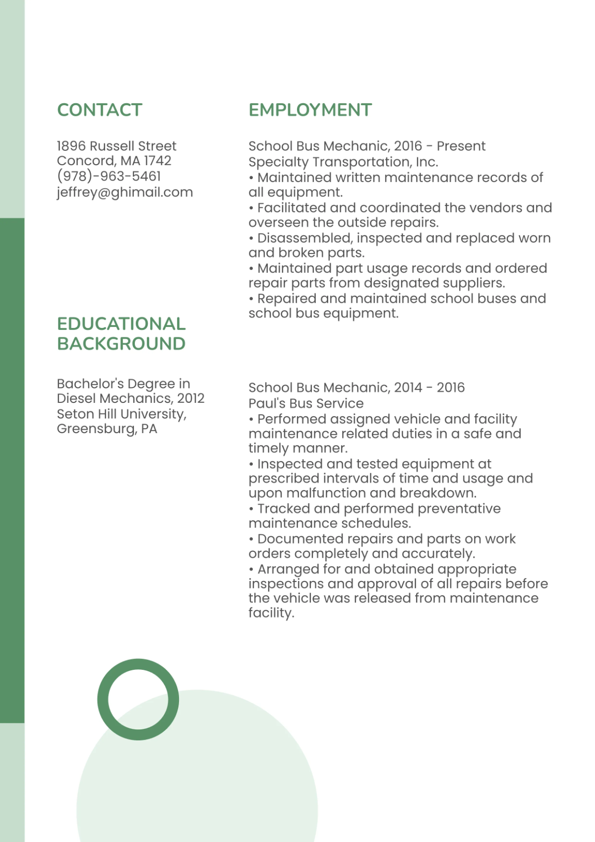 Free School Bus Mechanic Resume Template to Edit Online