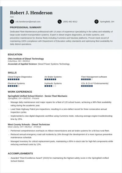 Free School Bus Mechanic ATS Resume Template, AI Resume Builder
