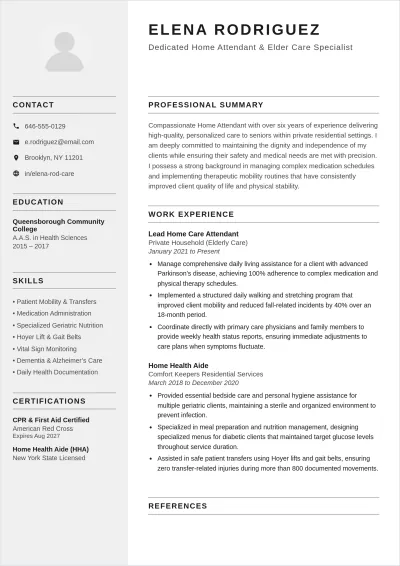 Free Home Attendant ATS Resume Template, AI Resume Builder