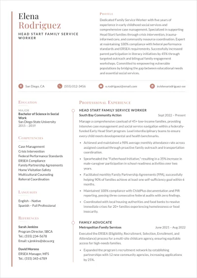 Free Head Start Family Worker ATS Resume Template, AI Resume Builder