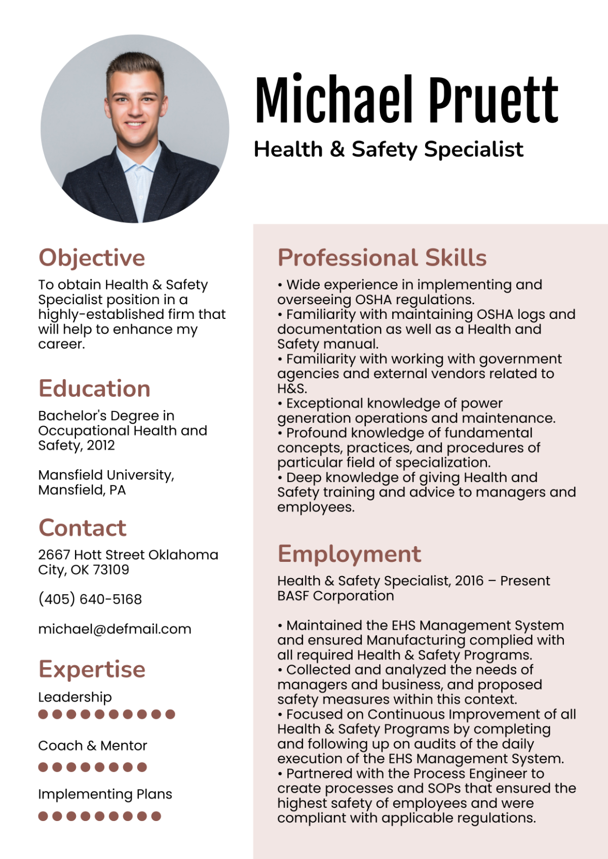Health & Safety Specialist Resume