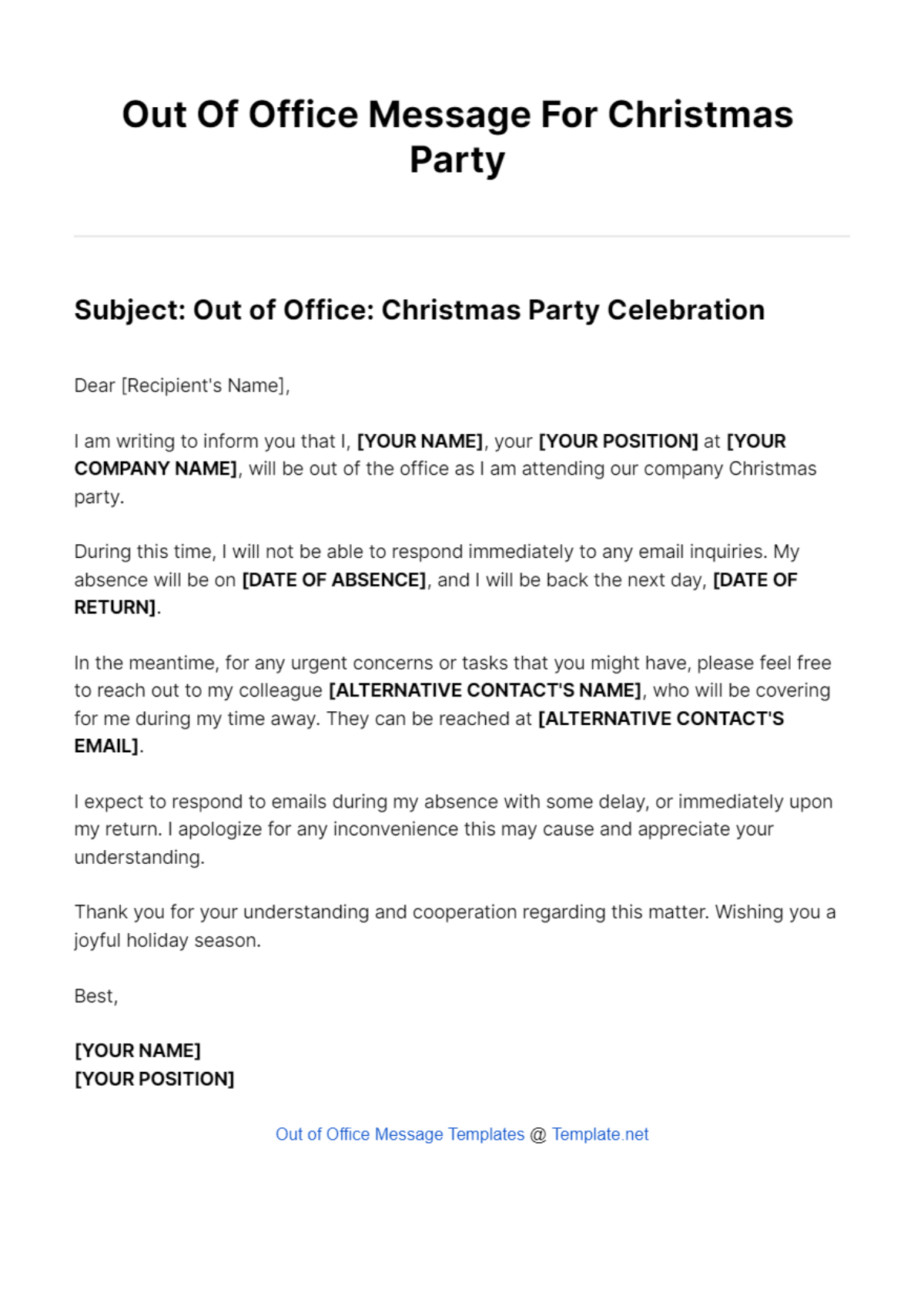 Out Of Office Message For Christmas Party Template