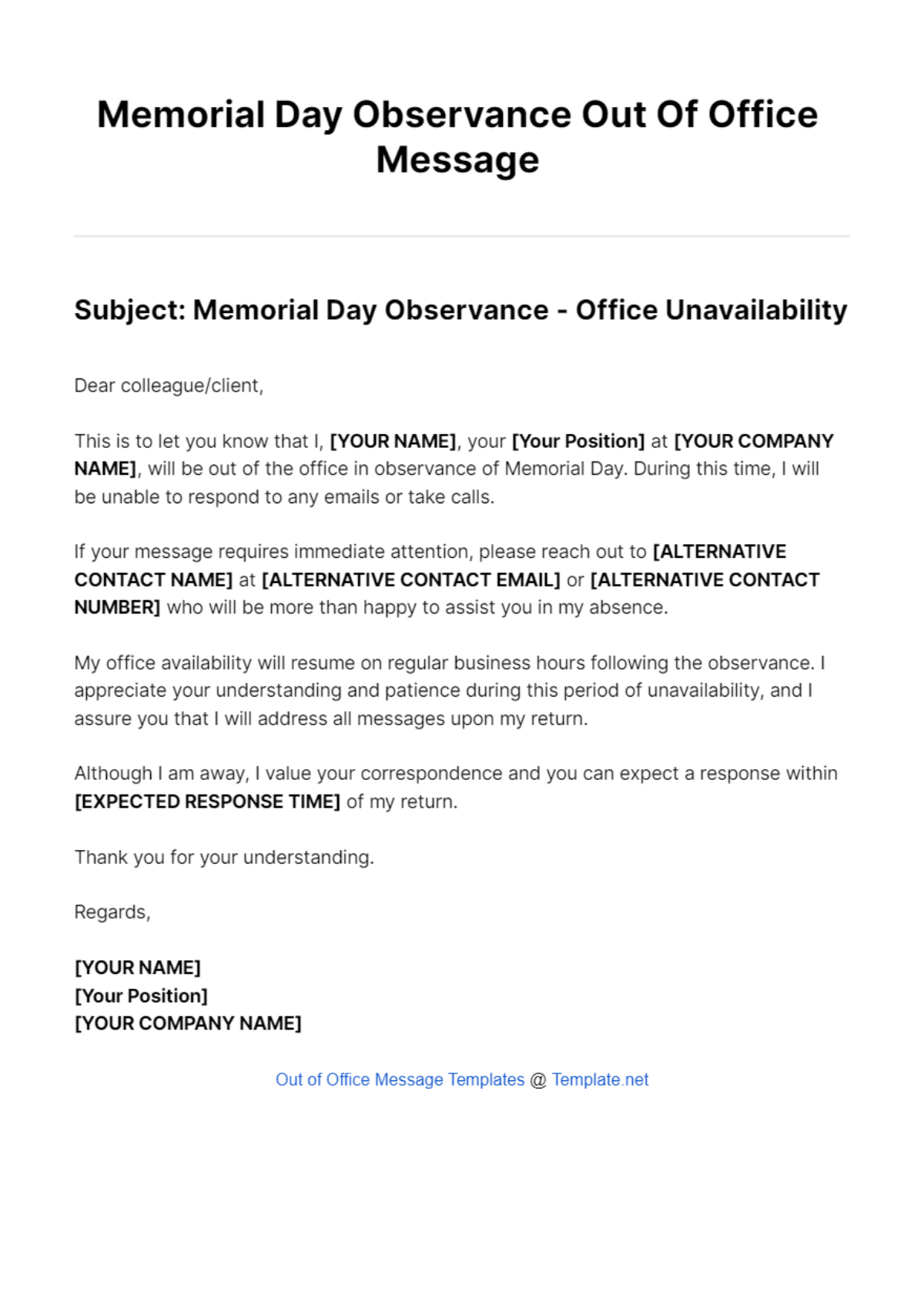 Free Memorial Day Observance Out Of Office Message Template