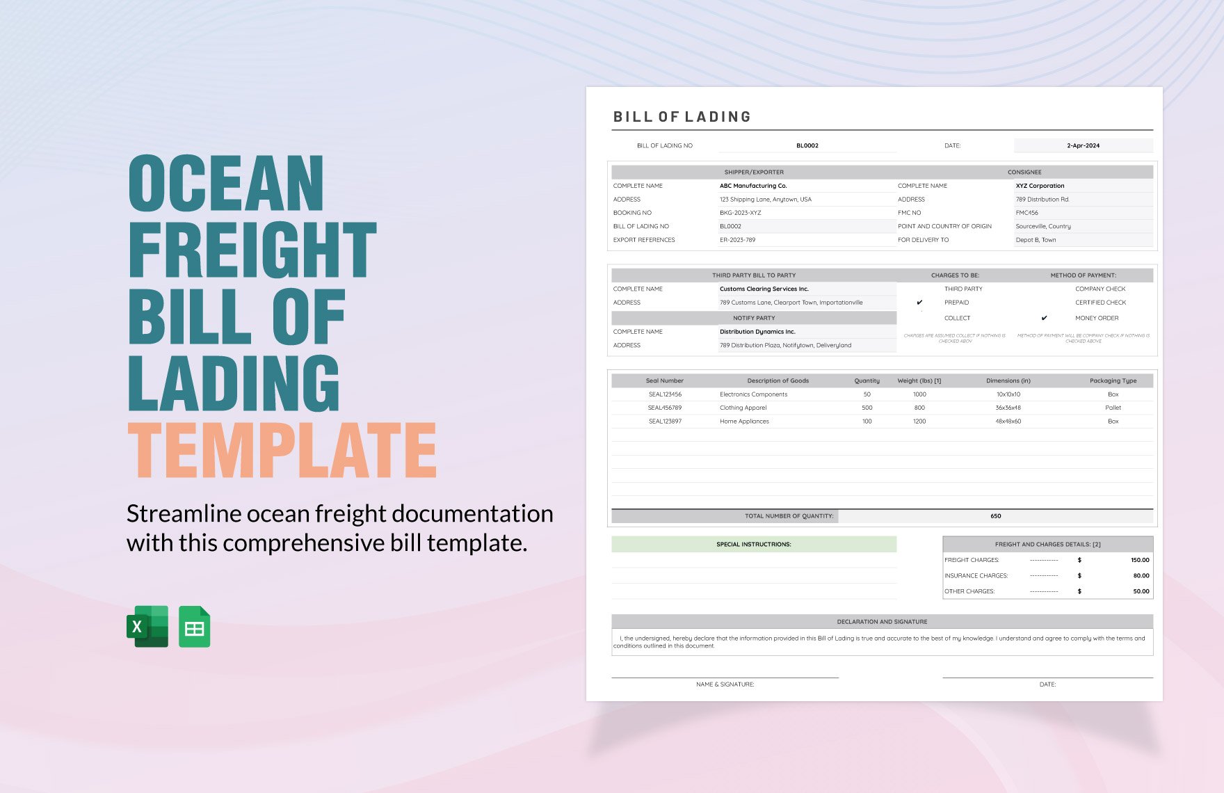 Ocean Freight Bill of Lading Template