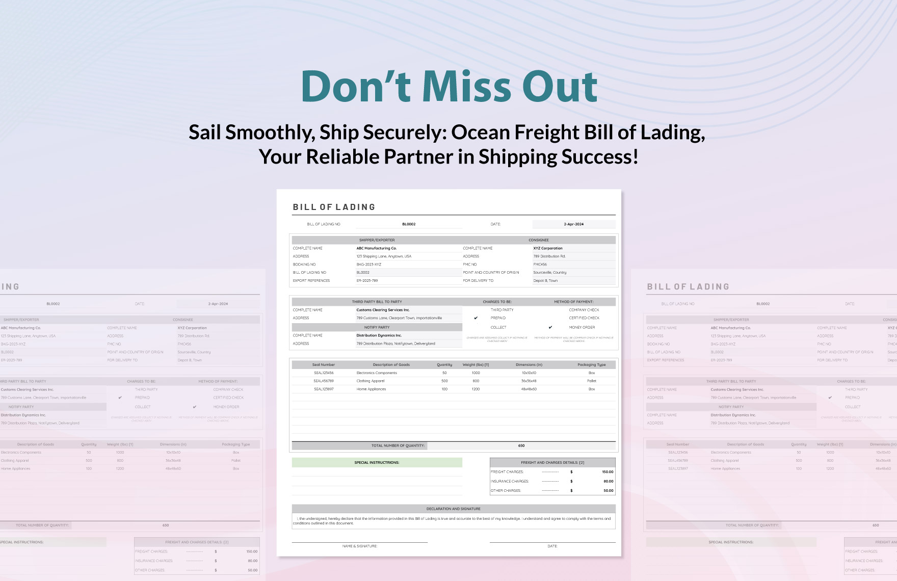 Ocean Freight Bill of Lading Template