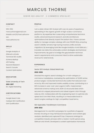 Free SEO Analyst ATS Resume Template, AI Resume Builder